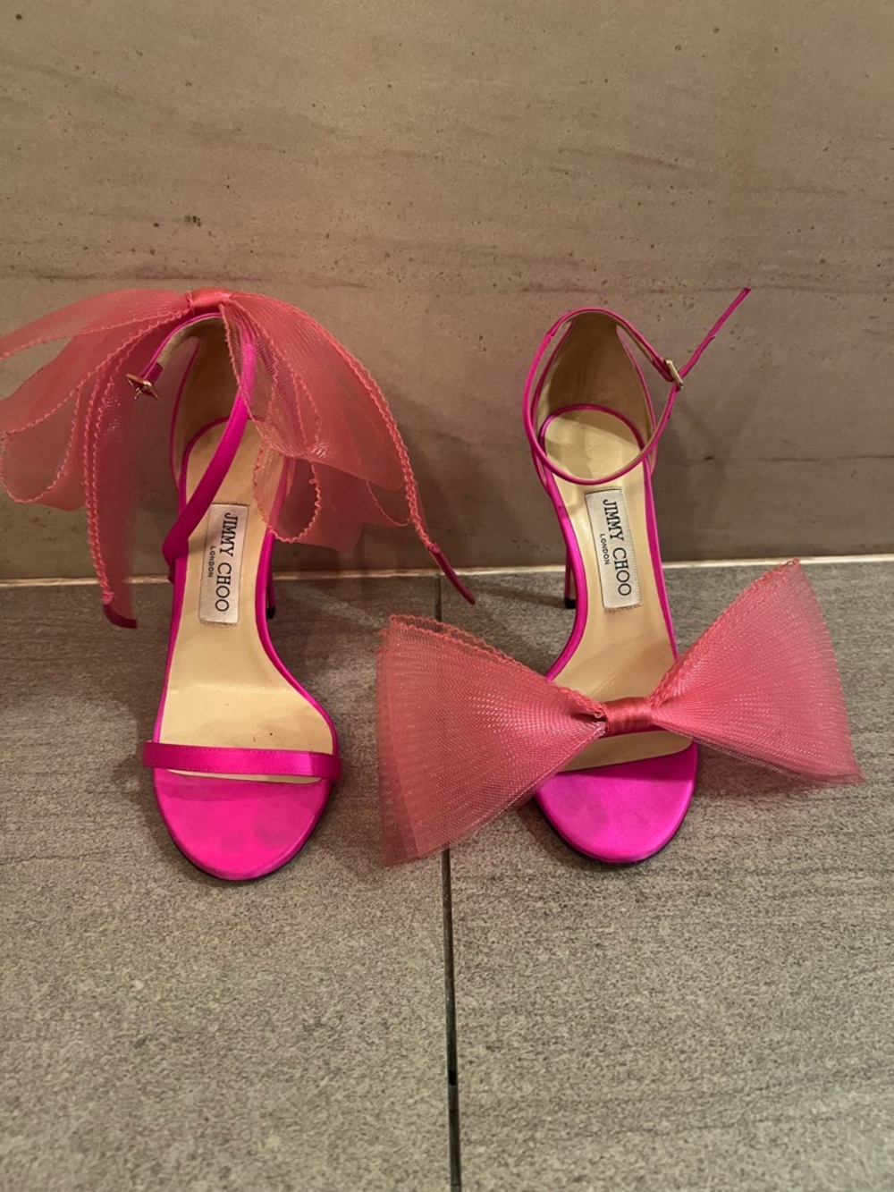 Jimmy Choo Hot Pink Satin Bow Ankle-Strap Heels